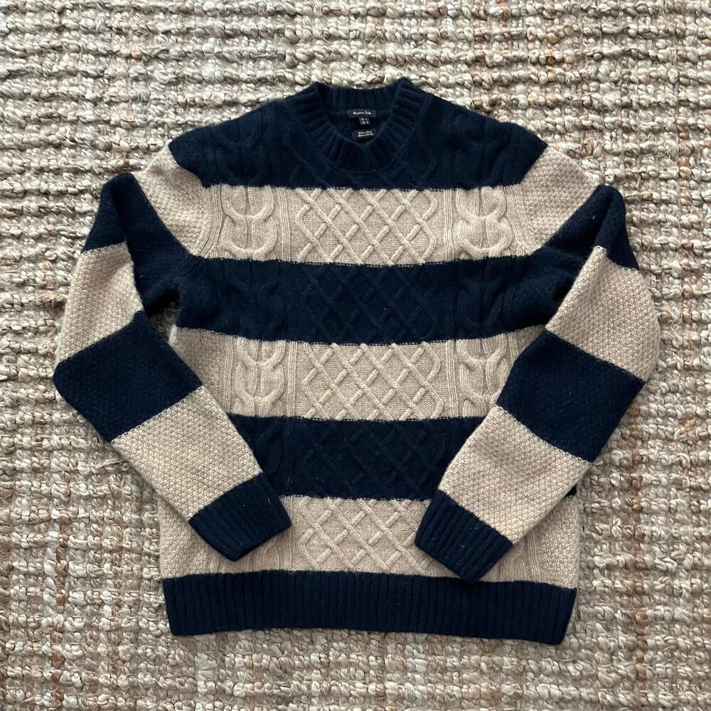 Massimo Dutti Men M Wool Cable Knit Striped Sweater Navy Beige Italian Yarn